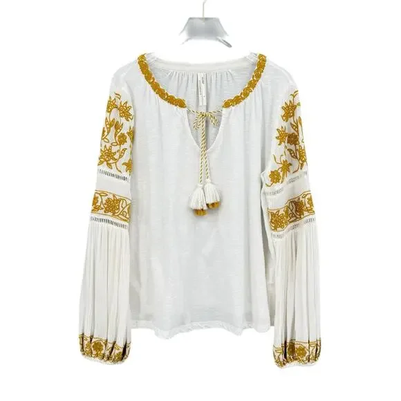By Anthropologie Aja White Knit Golden Yellow Embroidered Long Sleeve Boho Top - Picture 11 of 15